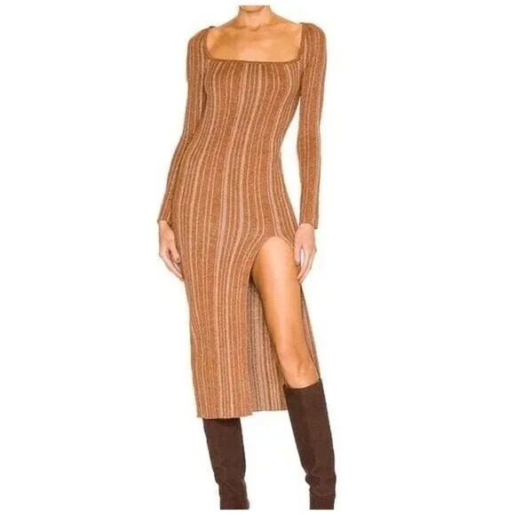 LPA Dresses & Skirts - LPA Dress Womens S  Sparkle Brown Striped Long Sleeve Midi‎ Slit Knit Holiday